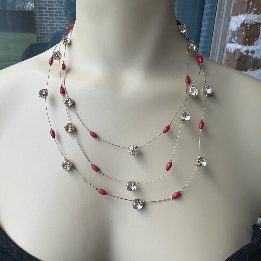 VTG Charming Charlie Necklace Wire Choker‎ Red Beads Rhinestones Gold Tone 20"